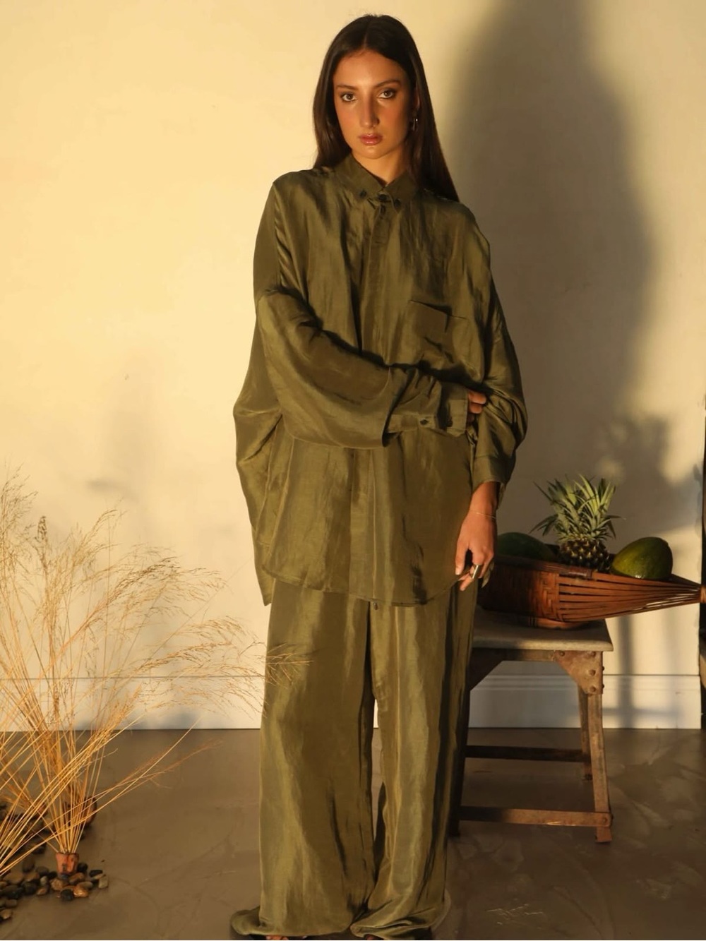 Nygard Collection 100% Silk Tie-Waist Olive Green Shirt Dress Burgundy Buttons